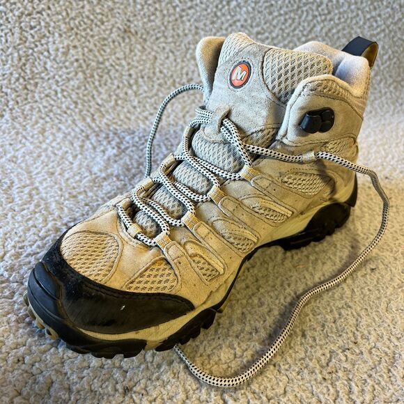 MERRELL Moab Ventilator Mid Hiking Boots Women 9.5 Taupe Tan Khaki Shoes Outdoor - Picture 1 of 11